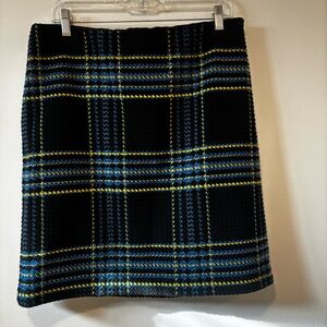 J. McLaughlin women's A-line plaid skirt in black blue & yellow stretch knit. 10